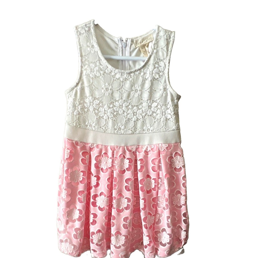 Girls White/Pink Lace Floral Fit & Flare Dress Sleeveless Knee Length Zip